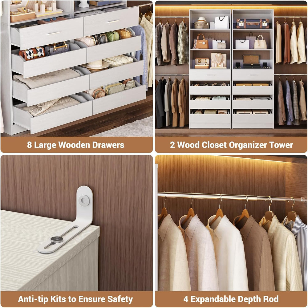 Aheaplus Closet System with 8 Drawers, 6-15Ft Custom Wood Closet Organizer