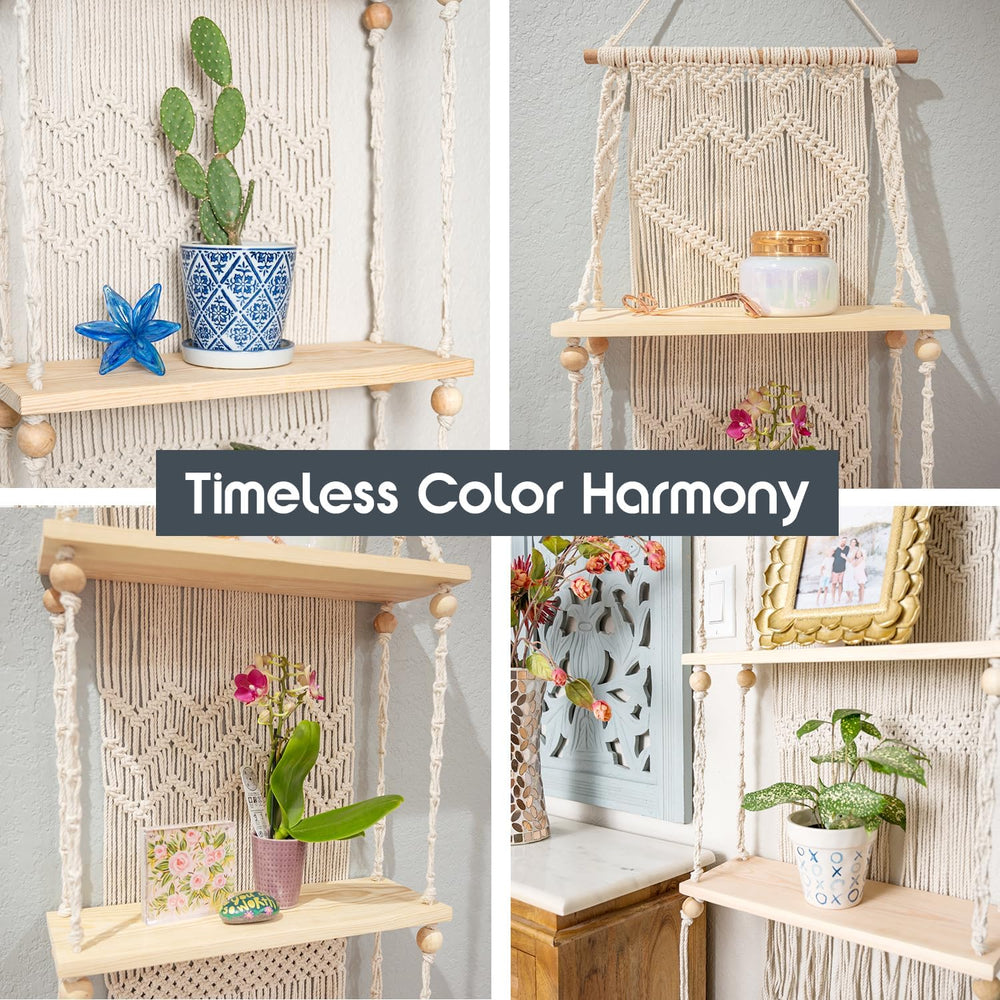 SnugLife Macrame Wall Hanging Shelf - 3 Tier Wall Plant Hanger Shelves with H...