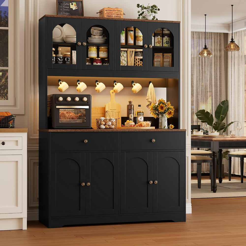 71" LED Kitchen Pantry Cabinet with Power Outlet, Tall Hutch, Black