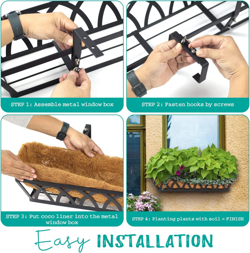 24" Hanging Window Box Basket w/Coco Liner, Black, 4-Pack