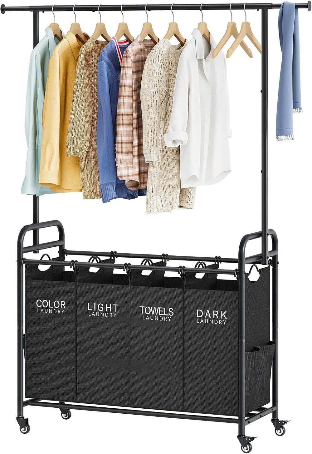Tajsoon Laundry Sorter with Hanging Bar, 4 Section Laundry Hamper, Black