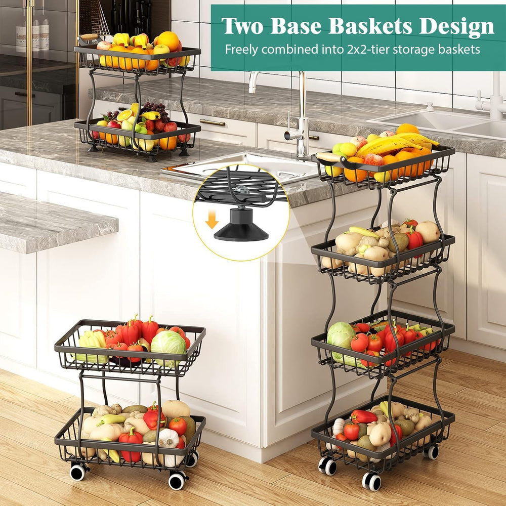 4 Tier Stackable Fruit Vegetable Storage Basket Kitchen Rolling Cart