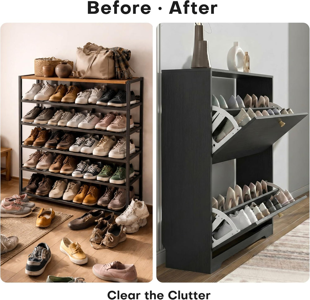 Nicetree Shoe Storage Cabinet with 2 Flip Drawer, Narrow Slim 2-Tier Shoe Org...