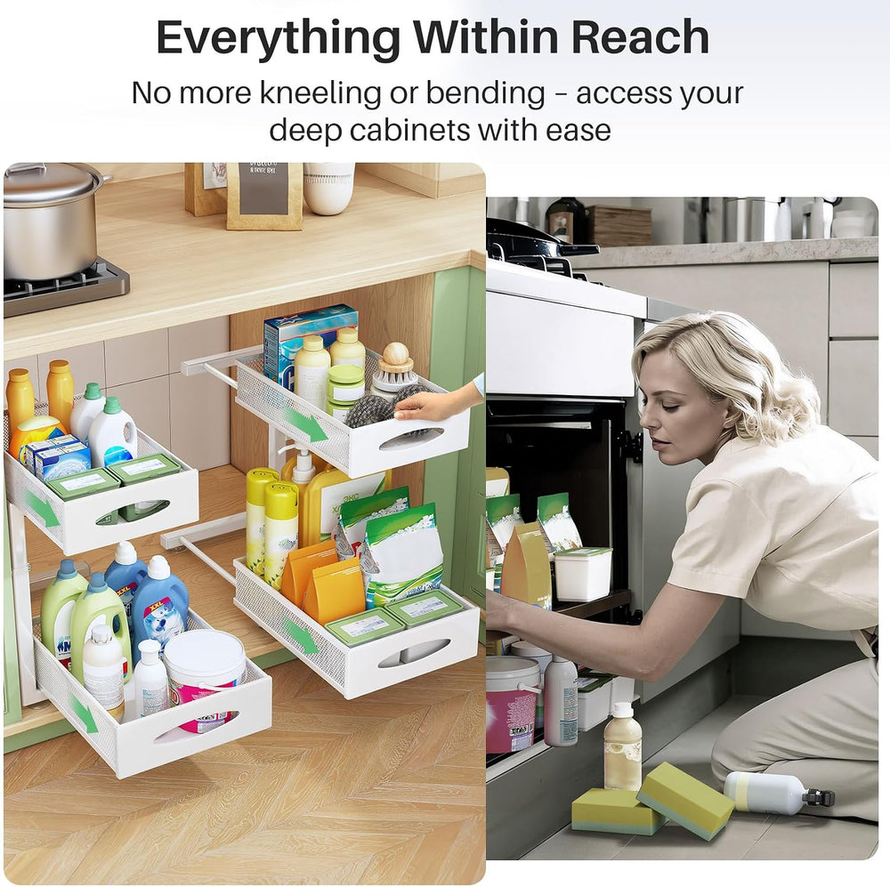 Under Sink Organizer, 2 Pack 2 Tier Pull out Cabinet Organizer Baskets with M...