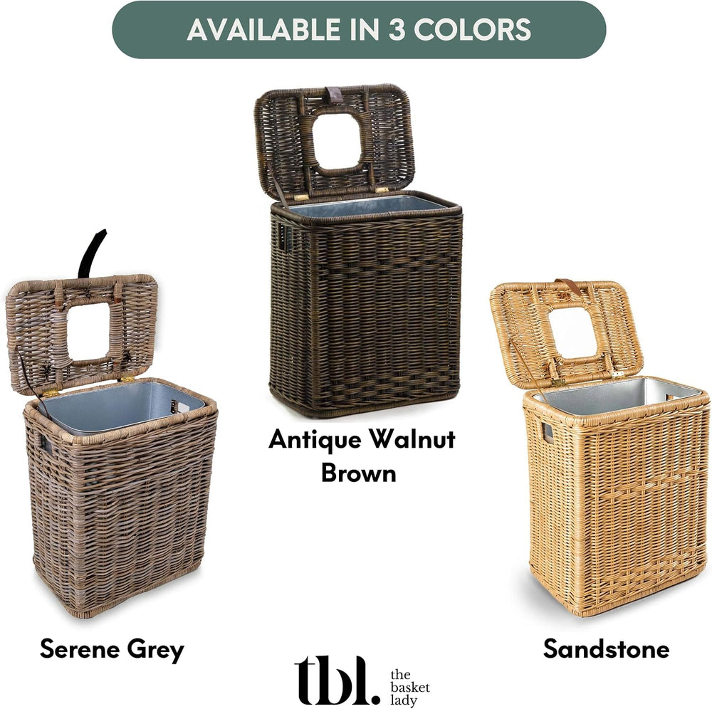 The Basket Lady Drop-in Wicker Trash Basket with Metal Liner, Serene Grey