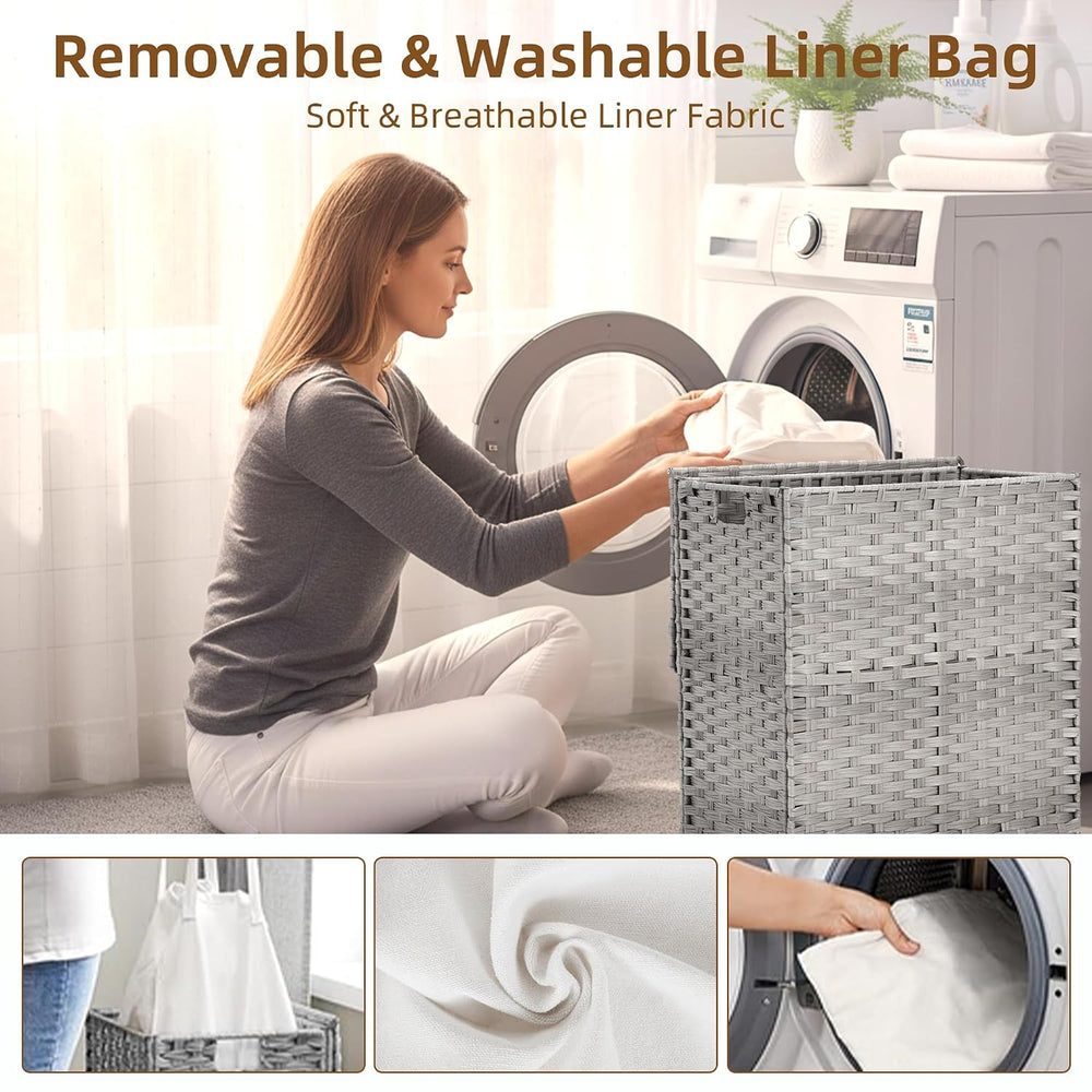 Woven Laundry Hamper with Lid, Large Rattan Clothes Hamper with Removable Mac...