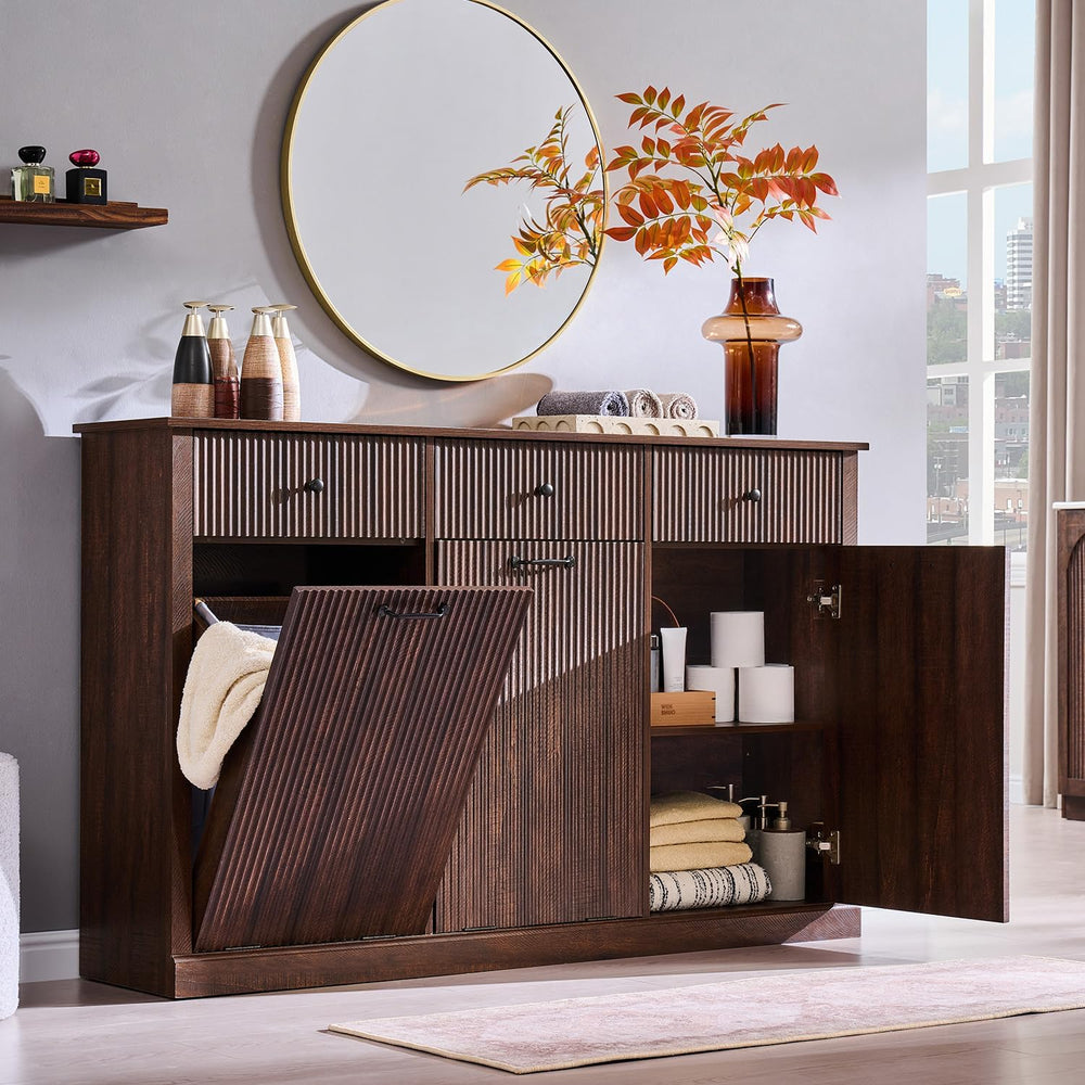 IFBUY Triple Tilt Out Laundry Hamper Cabinet, Trash Can Cabinet, Brown