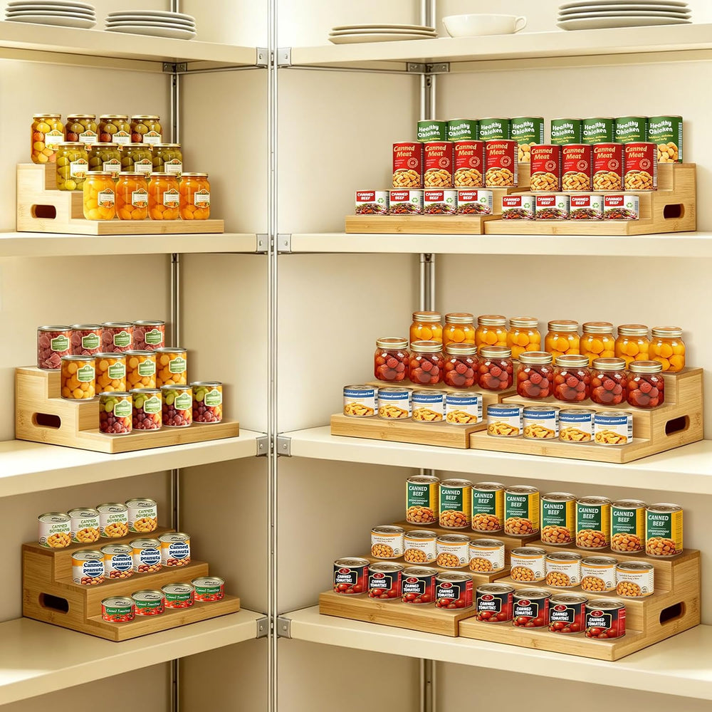 2 Pack 3-Tier Bamboo Expandable Can Rack Organizer for Pantry