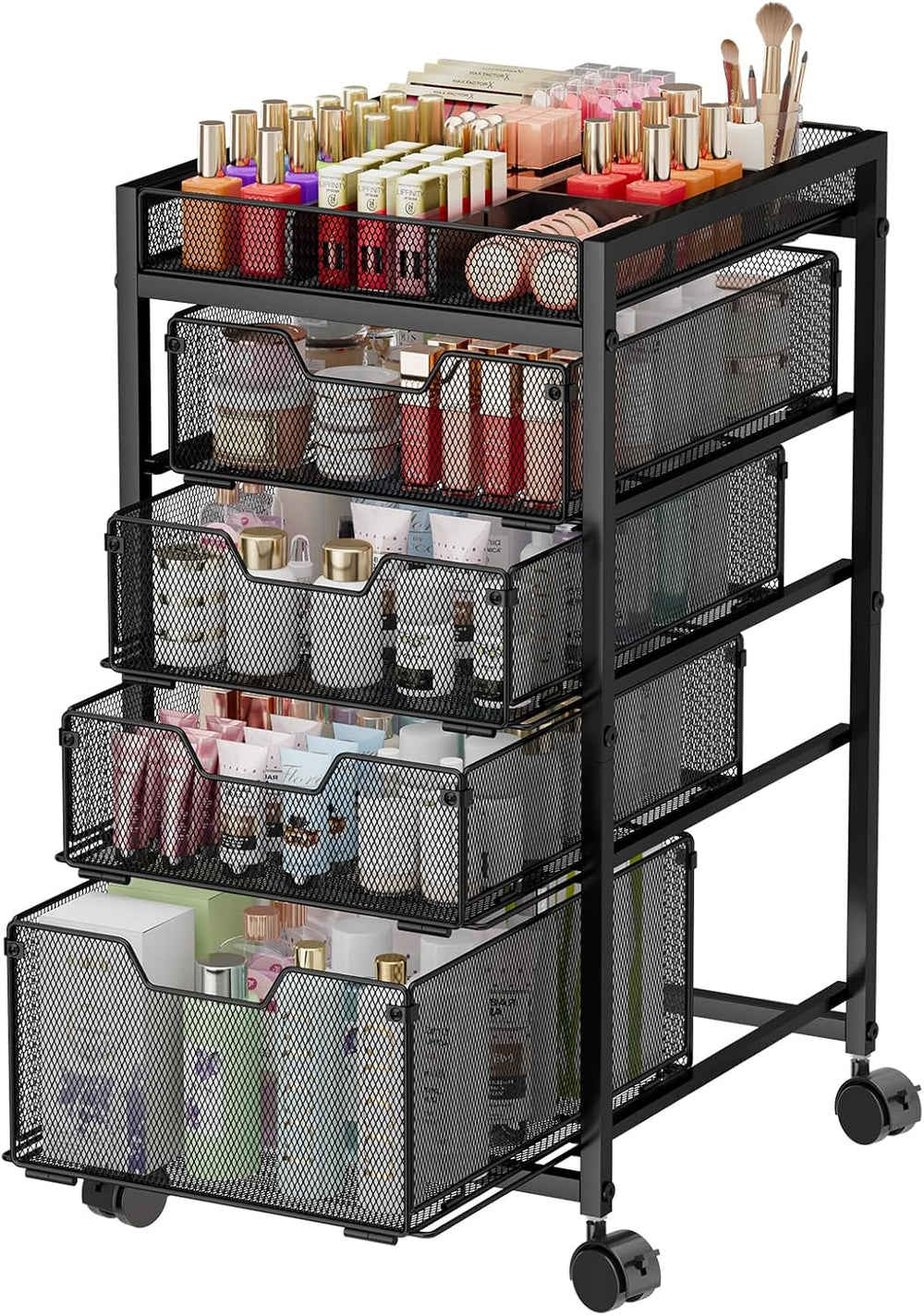 5-Tier Rolling Makeup Cart Organizer with 4 Drawers, Cosmetics Display with D...