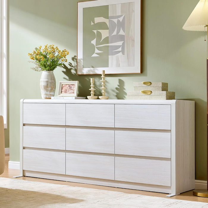 63” Wide Large Dresser with 9 Drawers, White Dresser for Bedroom, Mid Century Modern Dresser & Chest of Drawers, Rounded Corner, Wood Dresser for Living Room, Hallway Storage Organizer