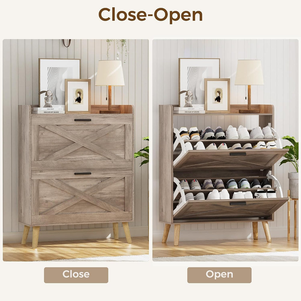 Homleke Farmhouse Shoe Storage Cabinet with Flip Drawers & Barn Door Design