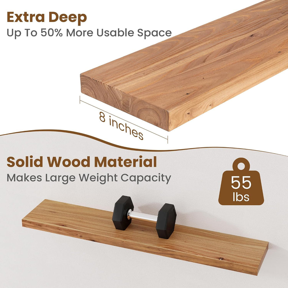 Floating Shelves for Wall Decor, 8" Deep Rustic Solid Elm Wood Floating ...