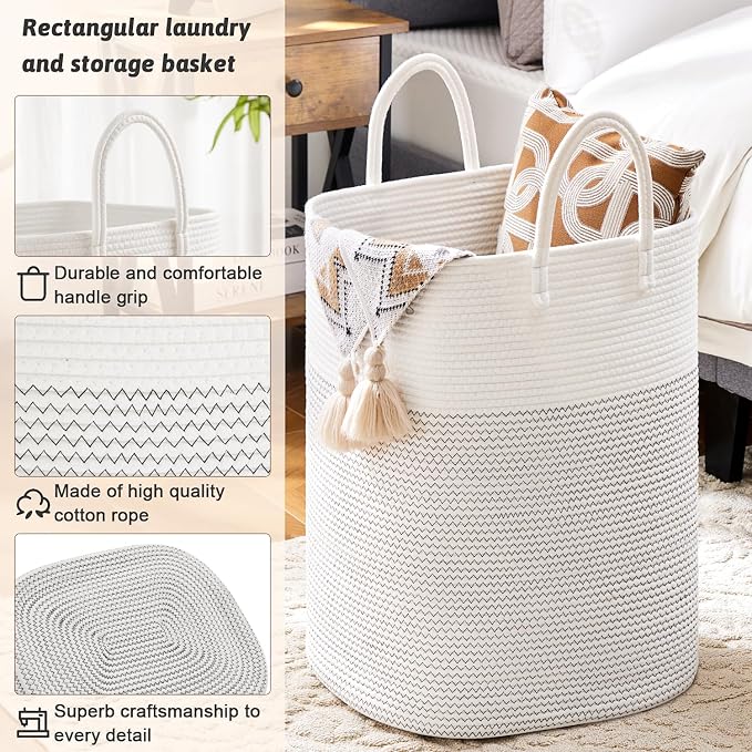 Laundry Basket, Woven Cotton Rope Laundry Hamper, Versatile Storage