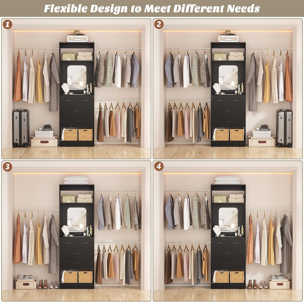Unikito 8FT Closet System with Mirror and 3 Extendable Hanging Rods, Black