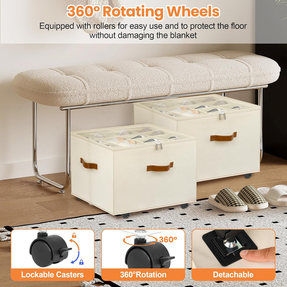 Foyego 2 Pack Shoe Organizer for Closet, Shoe Storage with Wheels, Beige