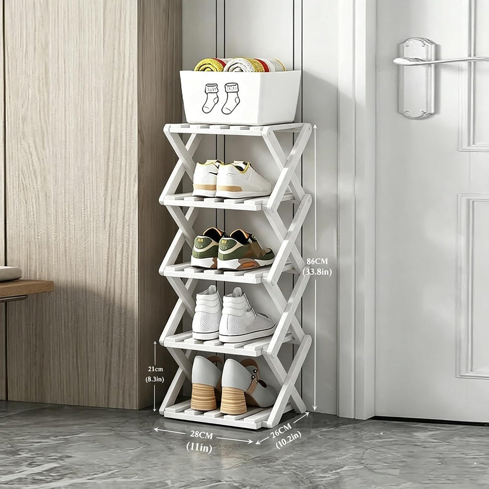 5 Tier Foldable Shoe Rack, Bamboo Vertical Shoe Organizer Tall for Multifunct...