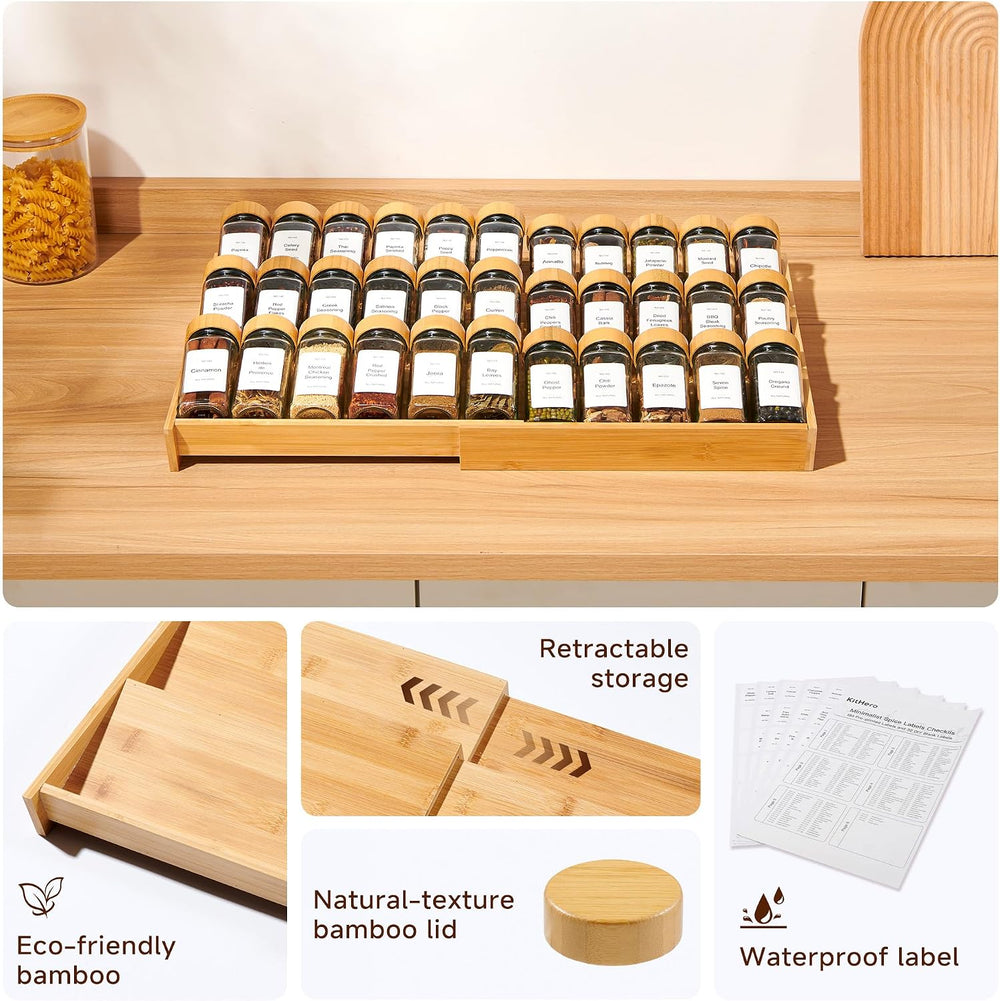 3-Tier Expandable Bamboo Spice Drawer Organizer, Adjustable Width 12" to...