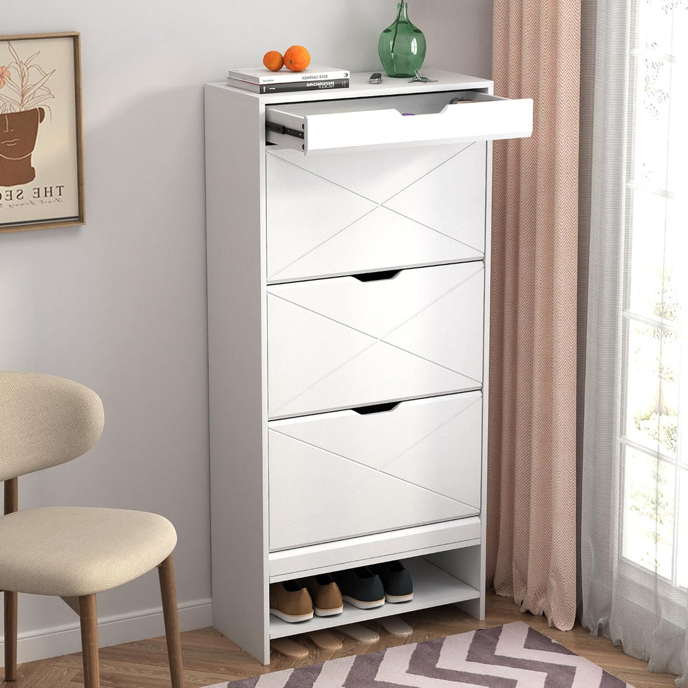 Slim White Shoe Cabinet with 3 Flip Drawers & X-Design for Entryway