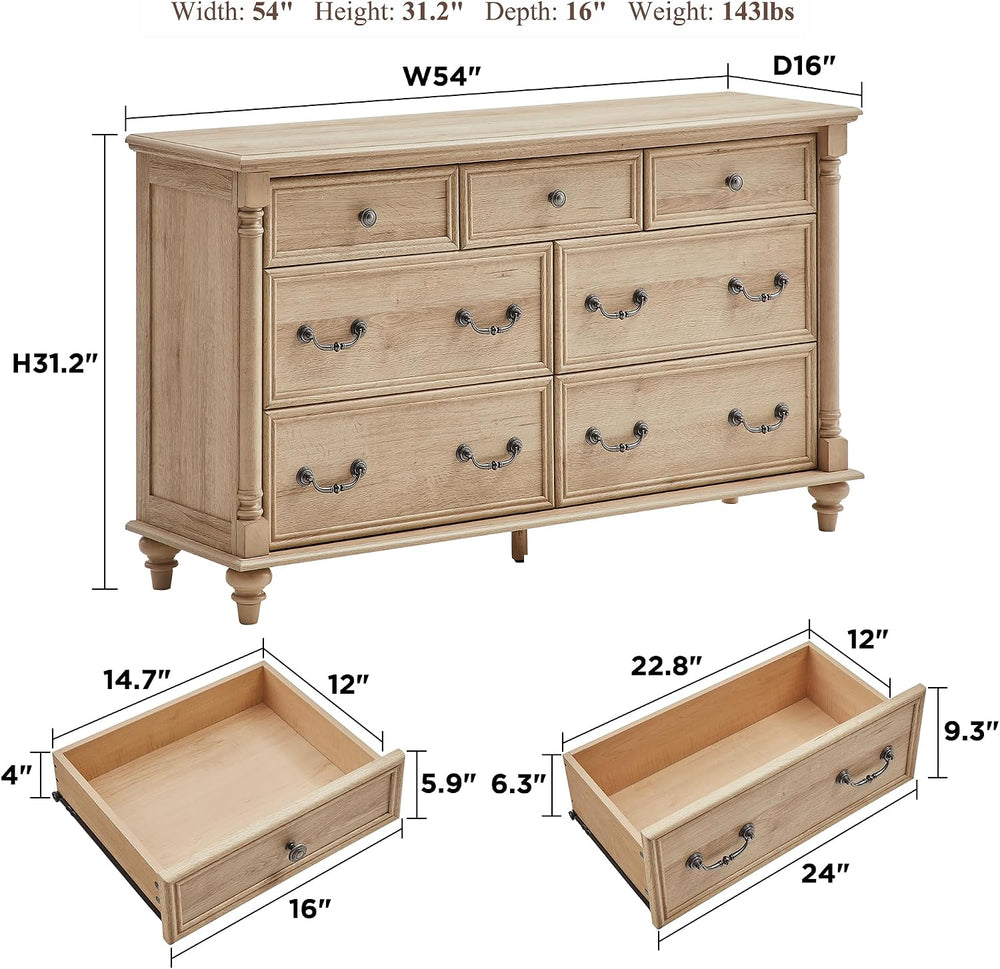 T4TREAM Farmhouse 7-Drawer Dresser with Solid Wood Feet, Natural Oak