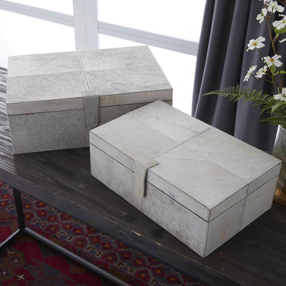 Deco 79 Leather Handmade Box with Hinged Lid, Set of 2 17", 14"W, Gray