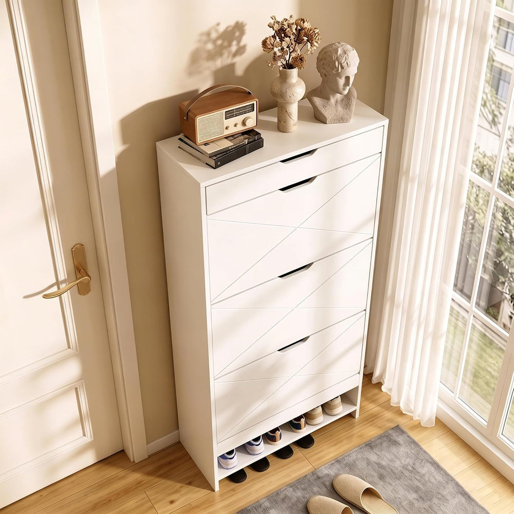 Slim White Shoe Cabinet with 3 Flip Drawers & X-Design for Entryway