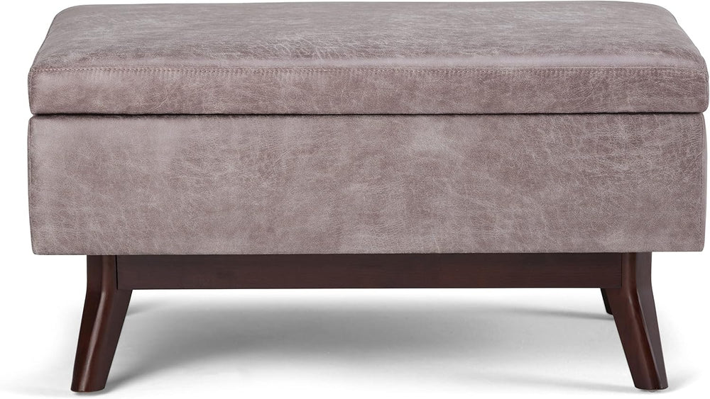 SIMPLIHOME Owen 34" Wide Vegan Leather Lift Top Ottoman in Grey Taupe