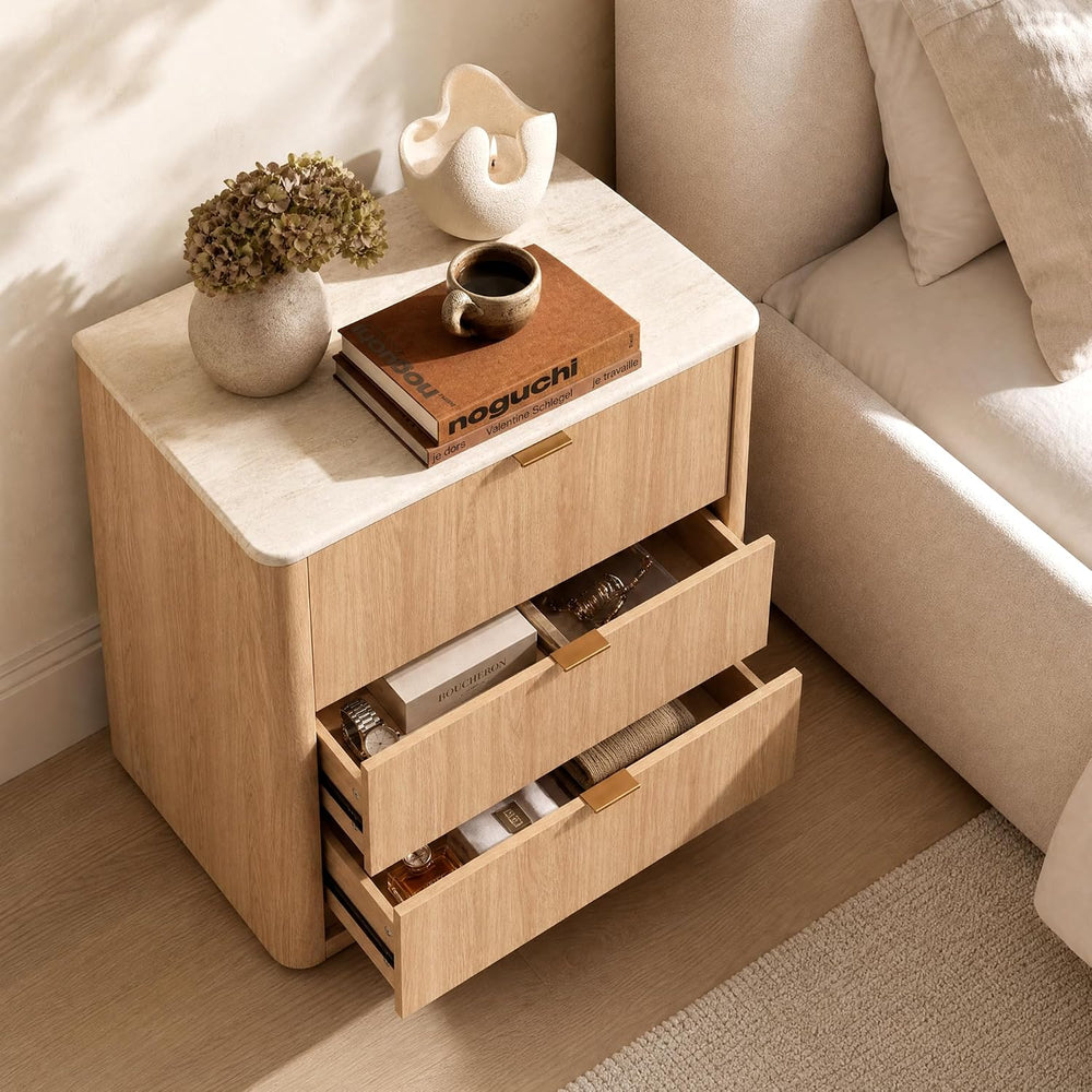 ModernMate 3 Drawer Dresser with Curved Profile & Faux Travertine Texture...