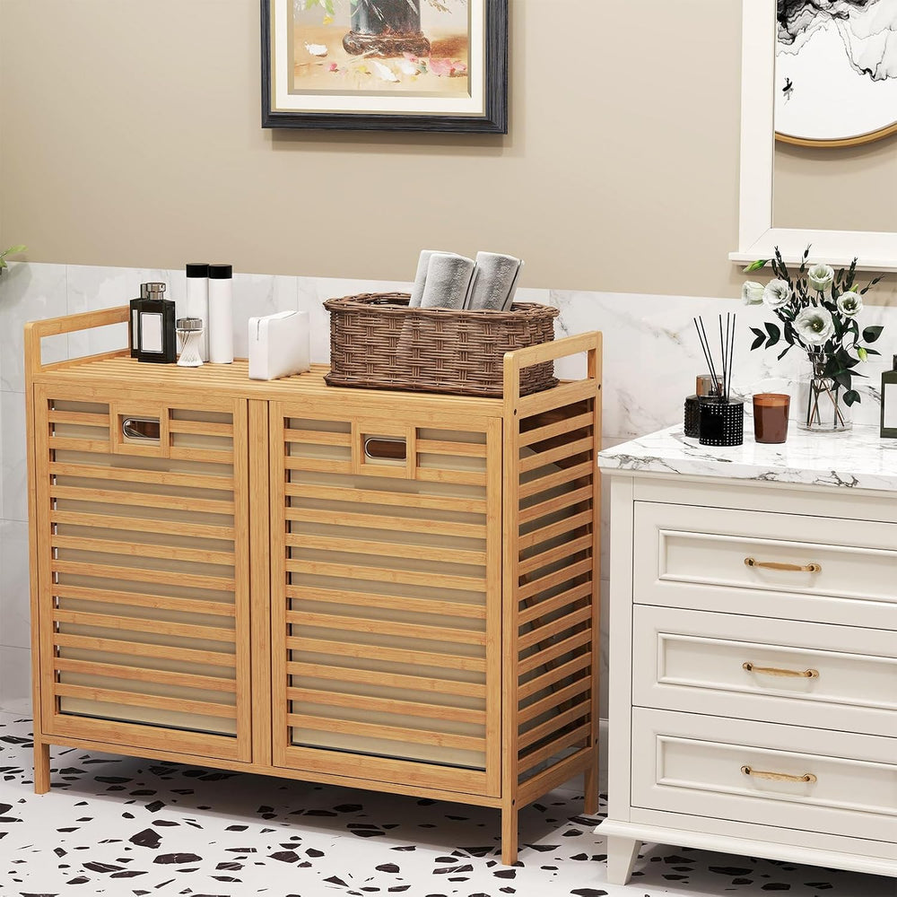 GOFLAME Double Tilt Out Laundry Hamper, Bamboo Laundry Basket Organizer with ...