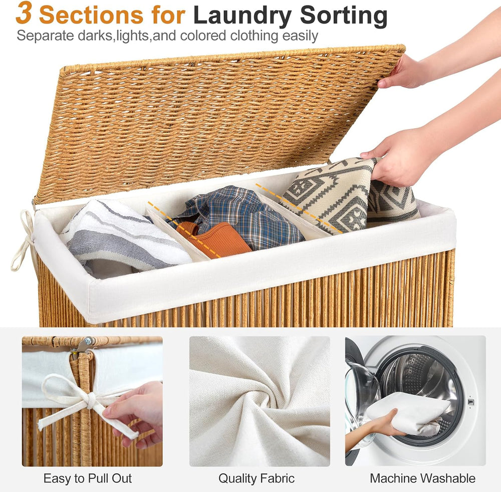 WOWLIVE Laundry Basket 3 Section, Handwoven Laundry Hamper with Wheels