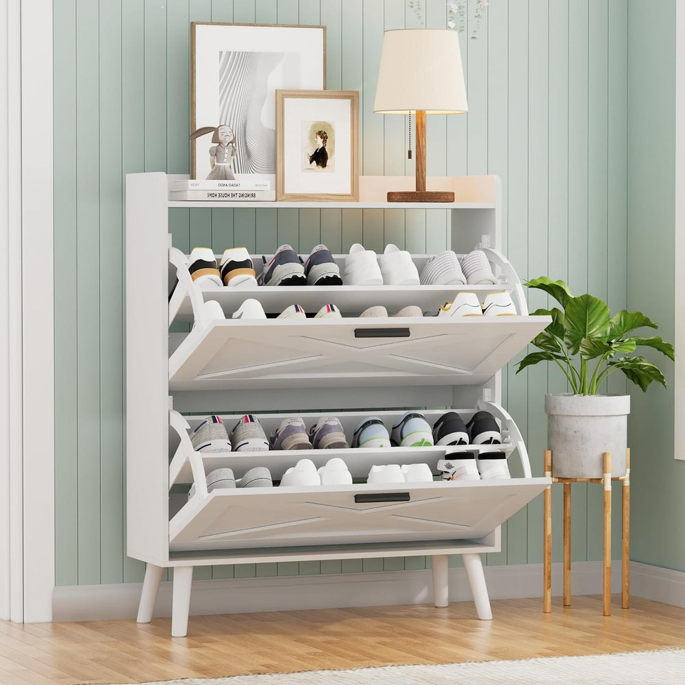 Homleke Farmhouse Shoe Storage Cabinet with Flip Drawers & Barn Door Design