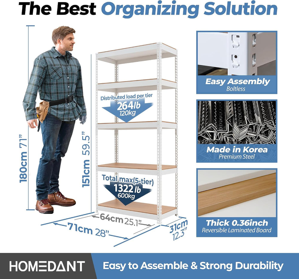 HOMEDANT White 28" W 5 Tier Storage Shelves Garage Shelving Unit Metal