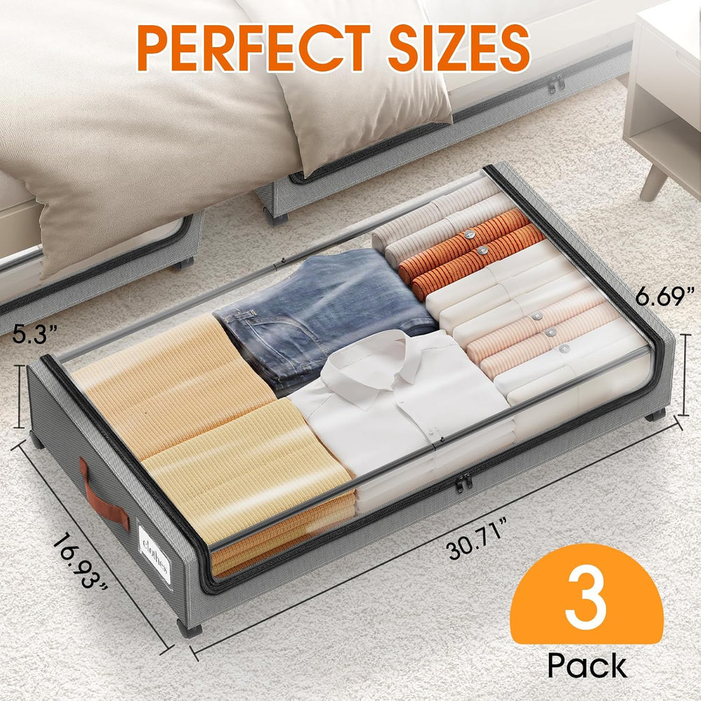 Under Bed Storage with Wheels 3Pack Storage Containers with Clear Window