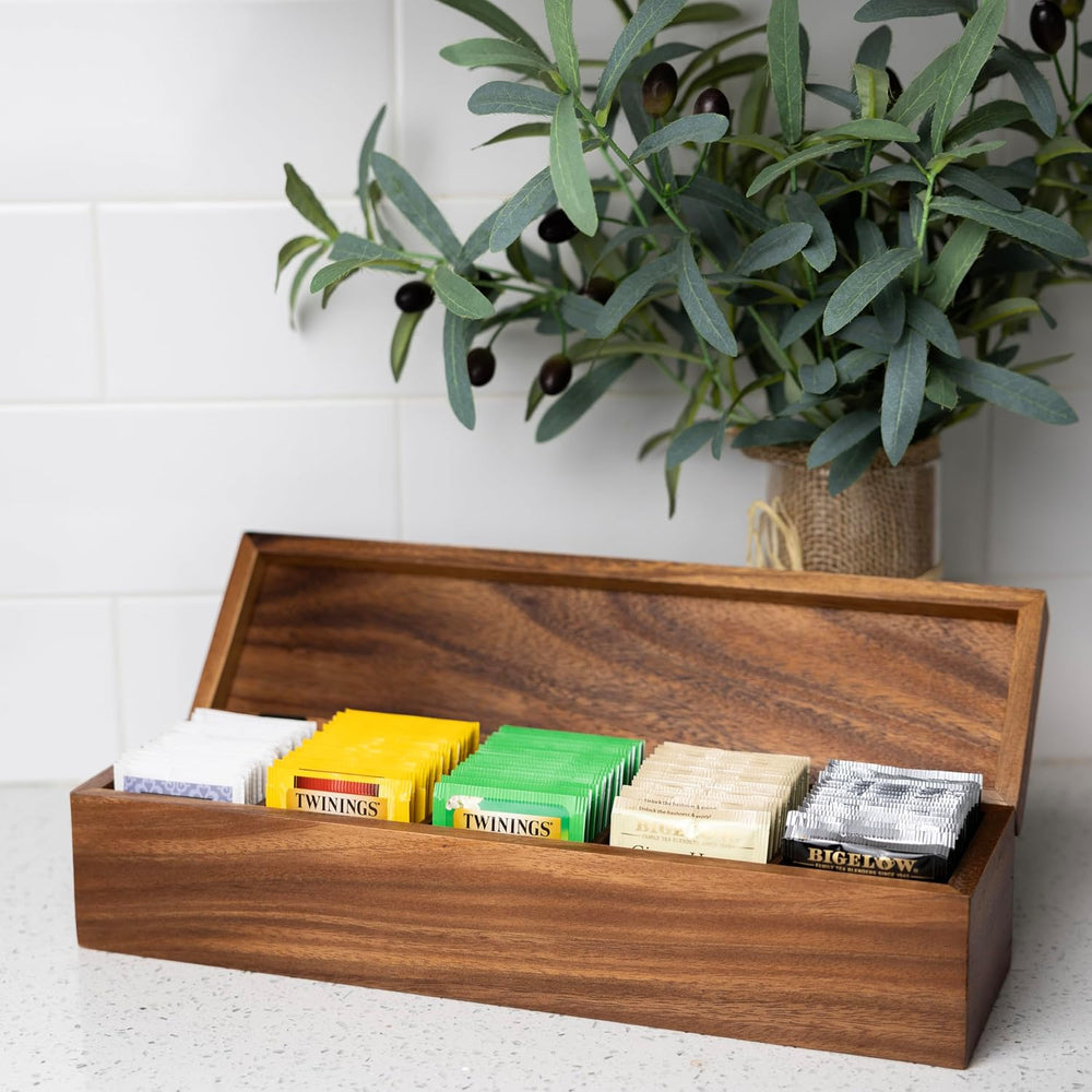 Ironwood Gourmet Large 5 Compartment Tea Box, Acacia Wood Tea Bag Organizer W...