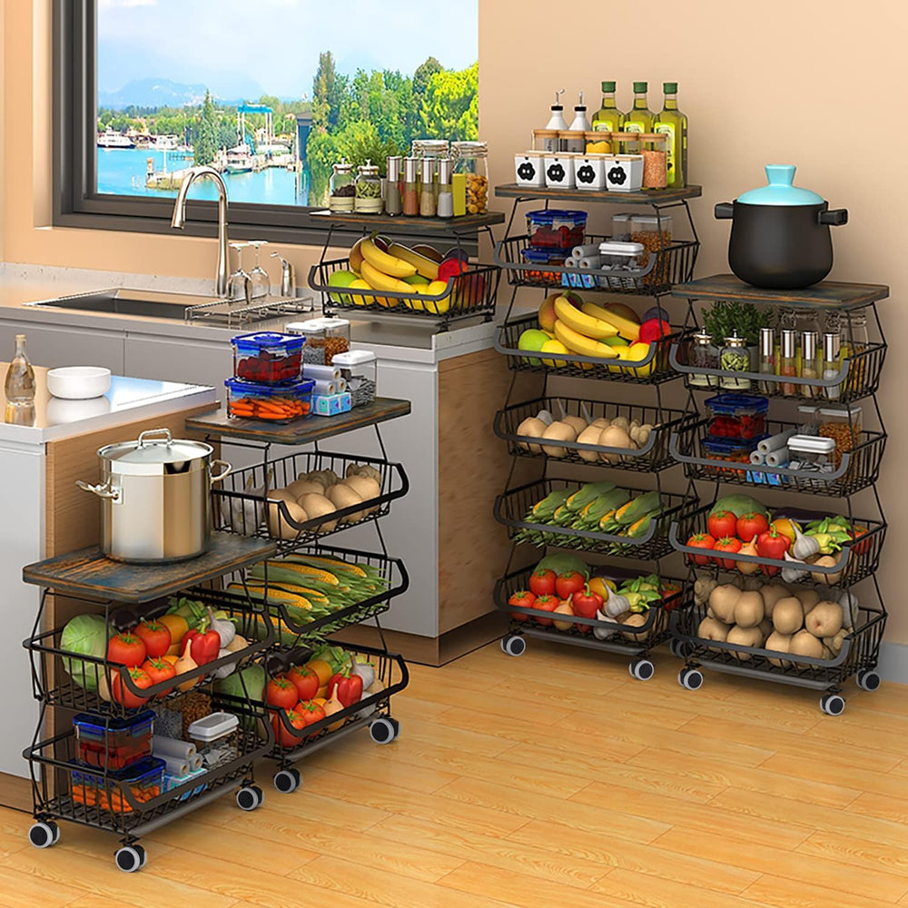 asunflower Kitchen Storage Baskets with Wooded Table Top, 5 Tier Stackable Fr...