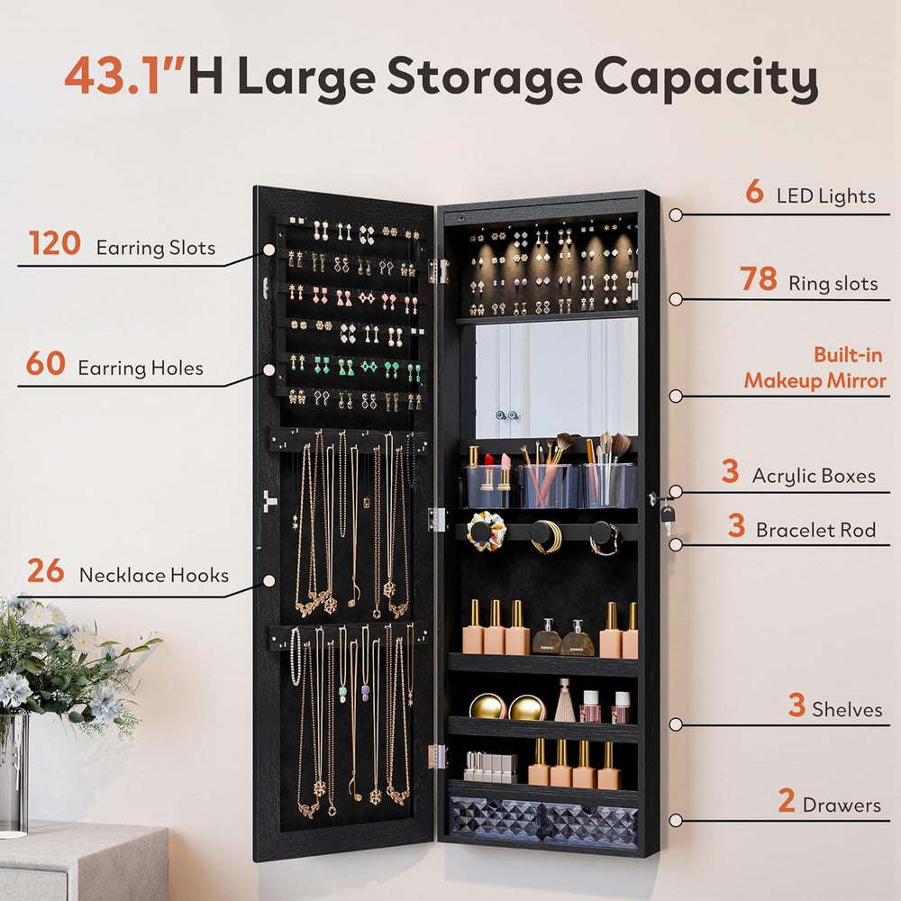 Unisakey Mirror Jewelry Cabinet,Lockable Wall or Door Mounted Jewelry Armoire...