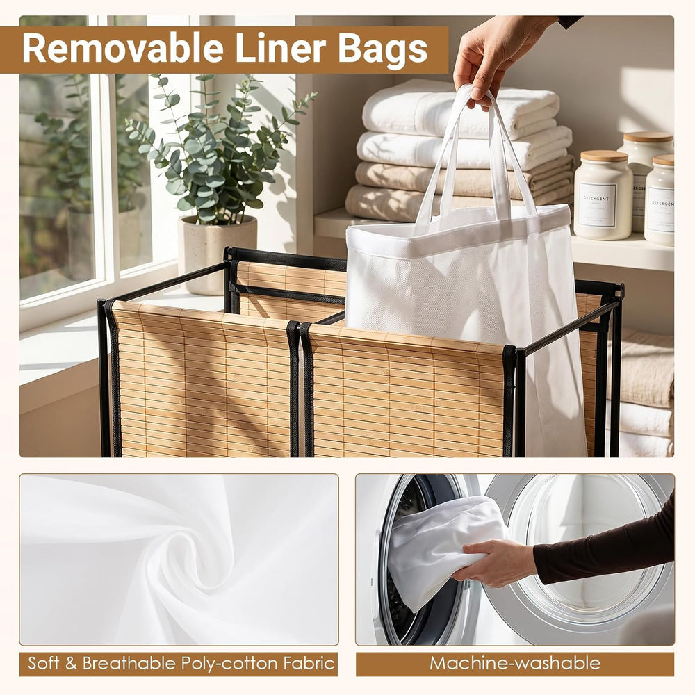 GOFLAME Bamboo Laundry hamper with Lid, 2-Section Rolling Laundry Basket with...