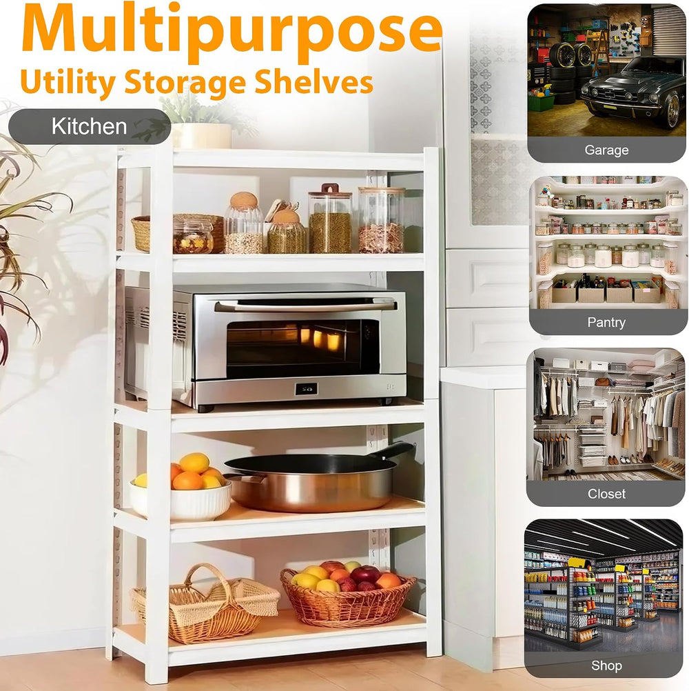 5 Tier White Storage Shelves - Adjustable Pantry Shelves Metal Closet Shelf, ...