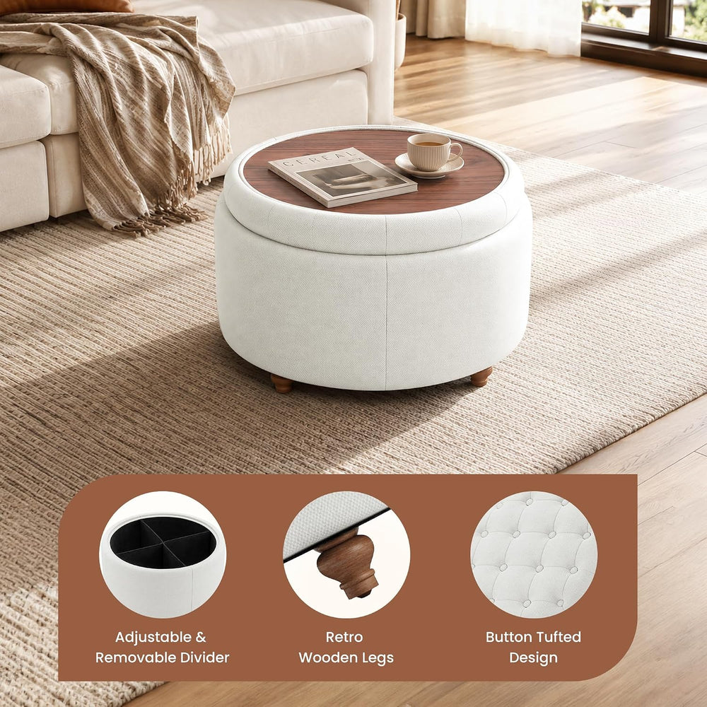 25Inch Round Storage Ottoman, Small Round Ottoman Coffee Table with Storage