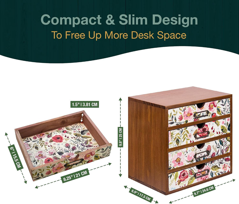 4-Drawer Vintage Desk Wood Storage Box With Drawers in Floral Chintz - Wooden...