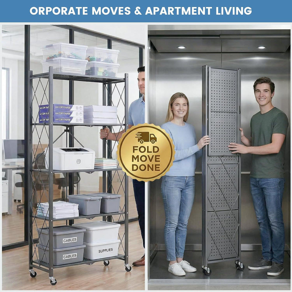 ALANNG 70.7" H Metal Storage Shelves, 5 Tier Folding Shelf on Wheels