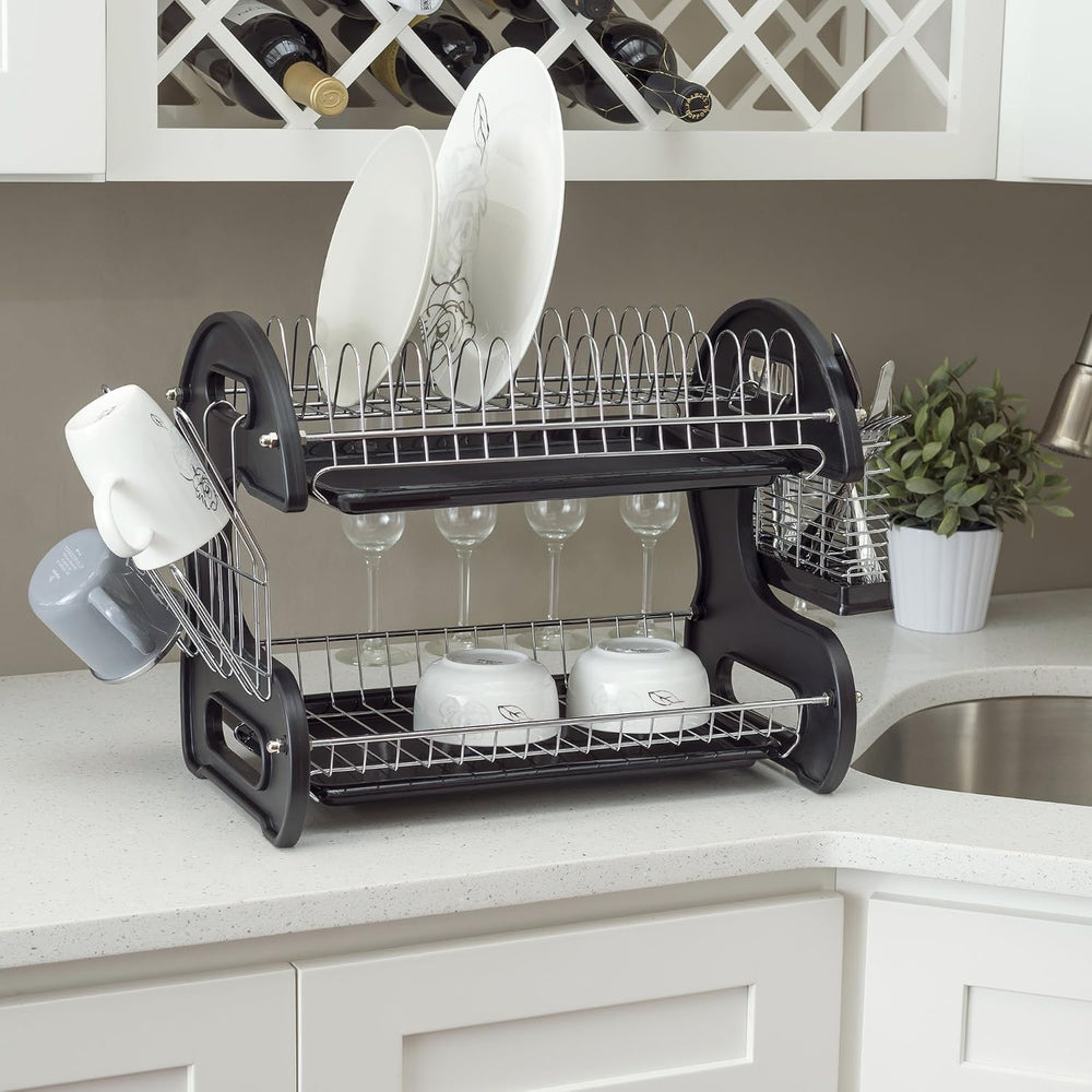 Home Basics Plastic 2-Tier Dish Drainer Rack, Air Drying and Organizing Dishe...