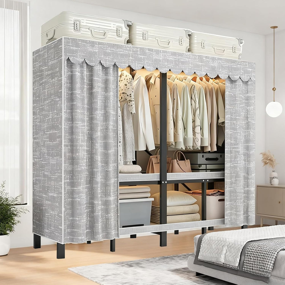Foldable Portable Closet Wardrobe on Wheel Heavy Duty Metal Clothing Rack wit...