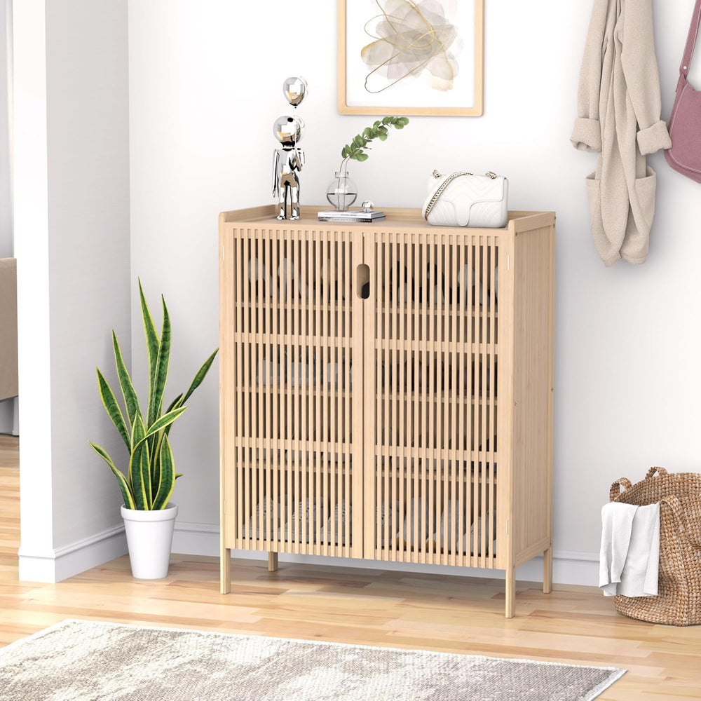 Shoe Storage Cabinet for Entryway, 5-Tier Bamboo Shoe Organizer with Doors