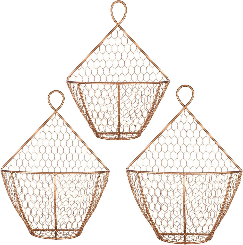 MyGift Set of 3, Farmhouse Copper Metal Wire Mesh Wall Hanging Baskets, Wall-...