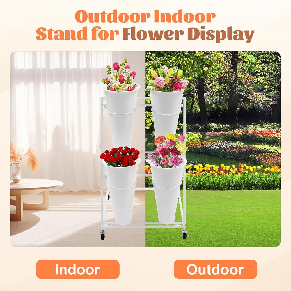 Flower Display Stand with 4 Buckets, 2-Tiers Metal Mobile Florist Bouquet Sta...
