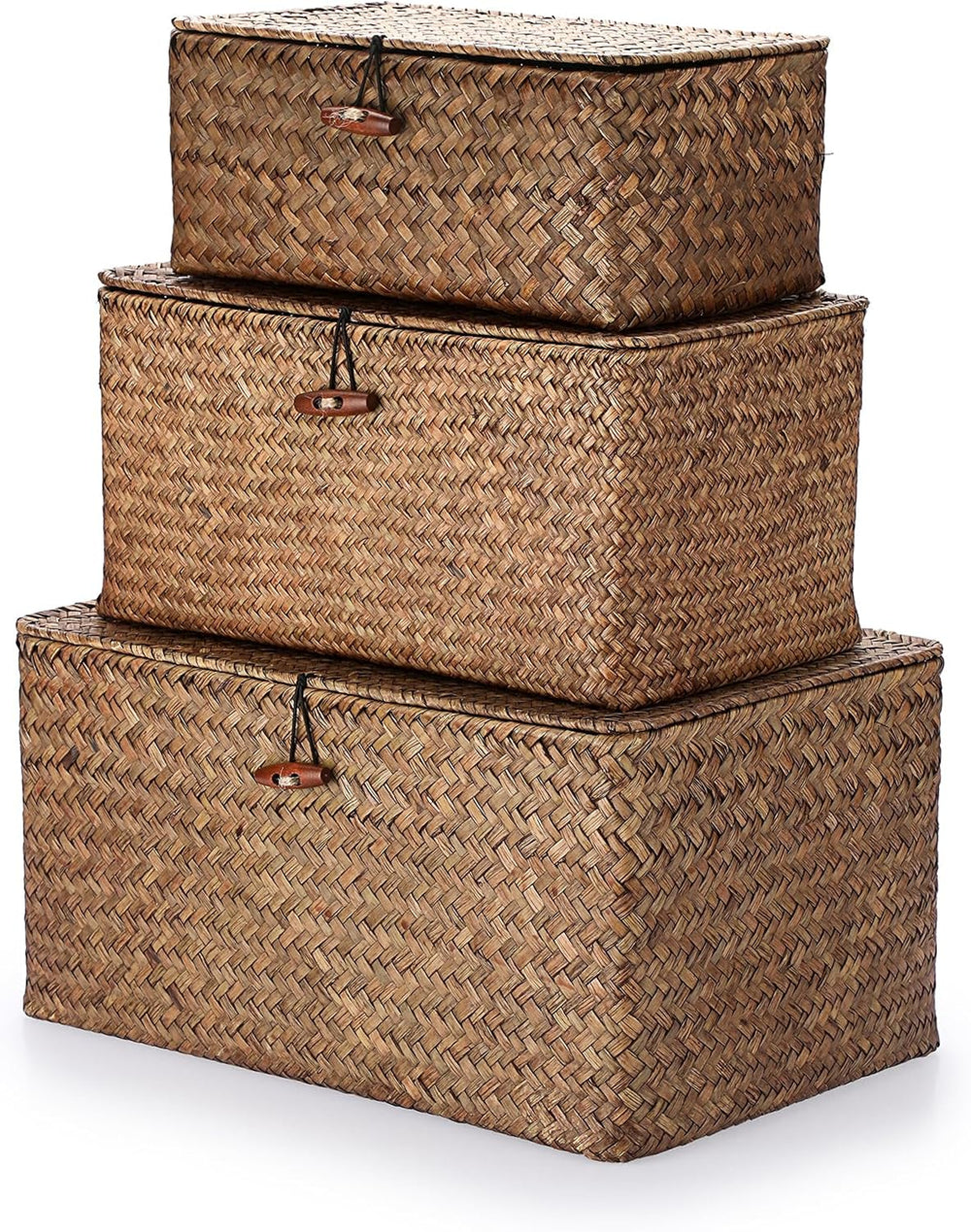 Hipiwe Set of 3 Seagrass Storage Baskets with Lid - Large Woven Wicker Bins