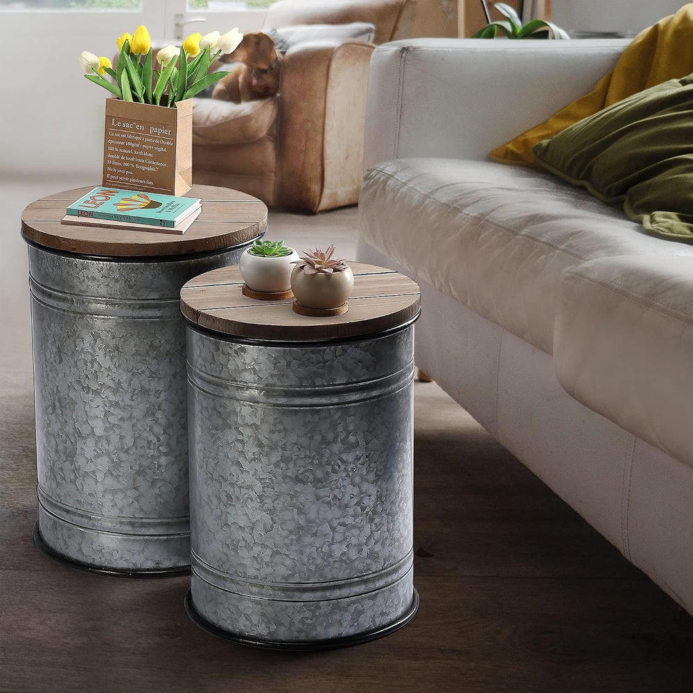 Rustic Storage Ottoman Seat Stool, Farmhouse Accent Side Table, Antique Galva...