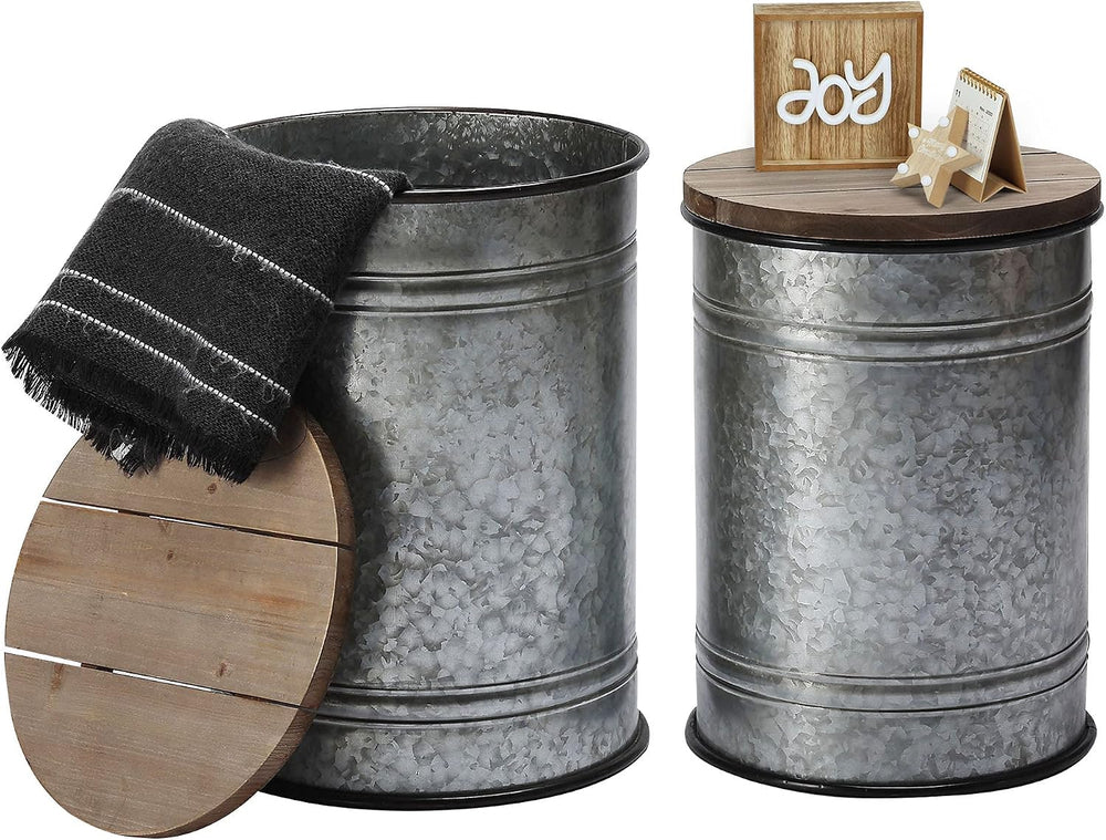 Rustic Storage Ottoman Seat Stool, Farmhouse Accent Side Table, Antique Galva...
