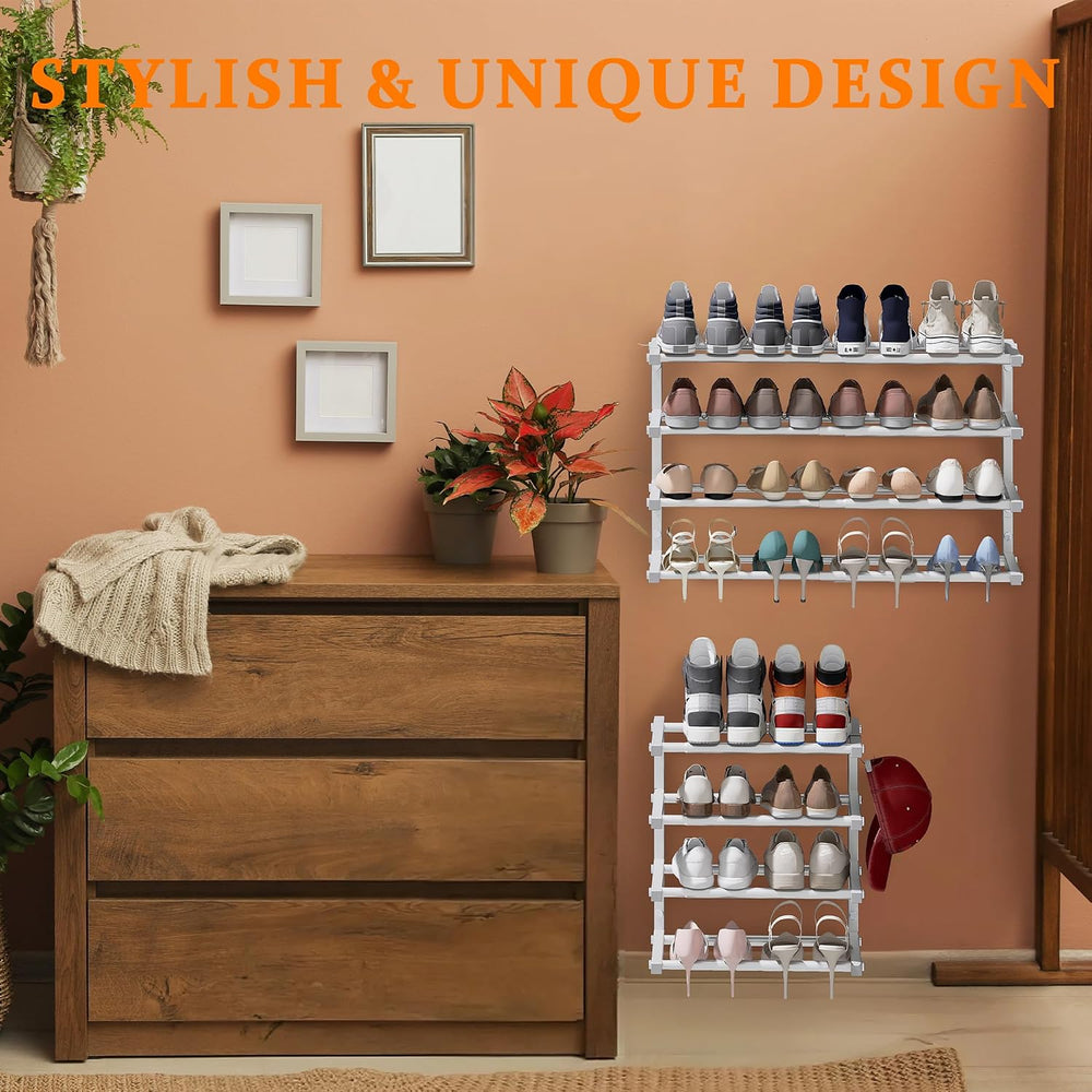 2 Pack Wall Mounted Shoe Rack, 4 Tier Hanging Shoe Rack Holds 32 Pairs, 17&qu...