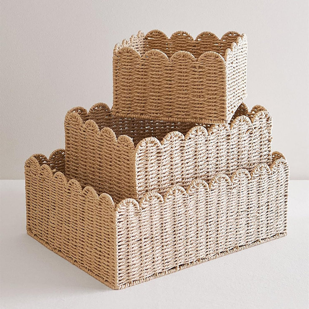 Scalloped Basket, Wicker Baskets for Storage, Hand Woven shelf Baskets, Seagr...